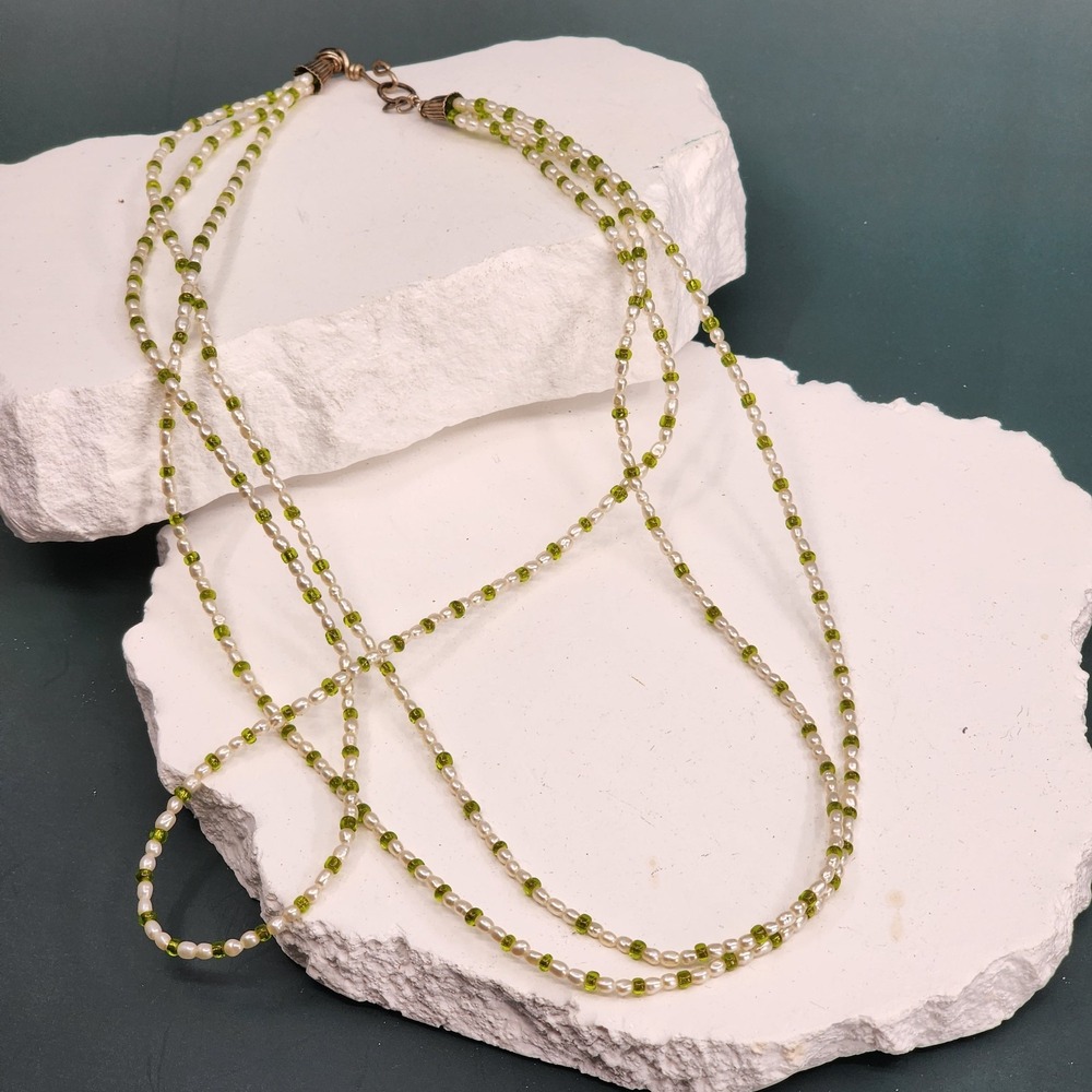 Sterling Silver 925 Real Pearls Green Glass Bead Layered Necklace Silver Tone